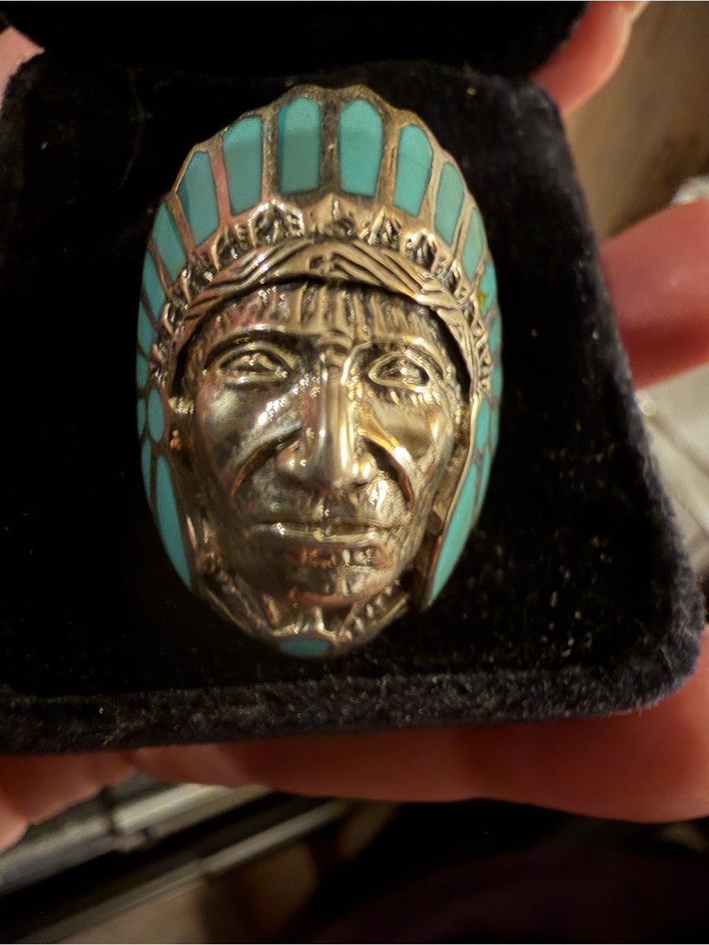 Silver Tone Headdress Ring with Turquoise Inlay Size 11